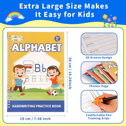 Magic Grooved Handwriting Practice Book for Kids 3-8 | Reusable Tracing Workbook with Auto-Fading Ink