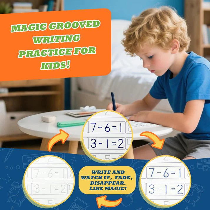 Magic Grooved Handwriting Practice Book for Kids 3-8 | Reusable Tracing Workbook with Auto-Fading Ink